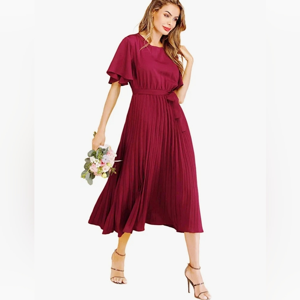 Women's Elegant Belted Pleated Flounce Sleeve Long Dress